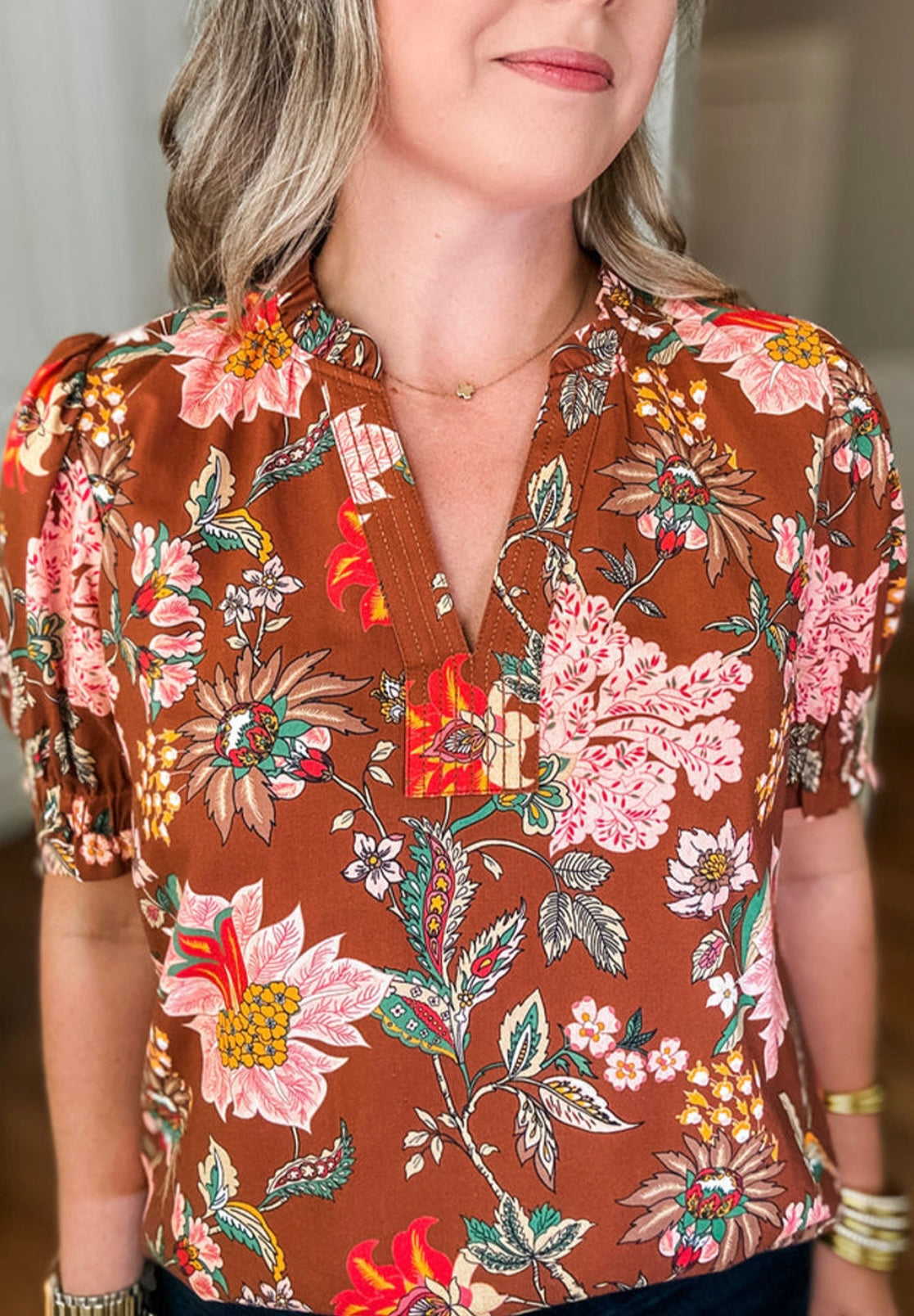 Brown Floral Stitched V Neck Frilled Trim Puff Short Sleeve Blouse