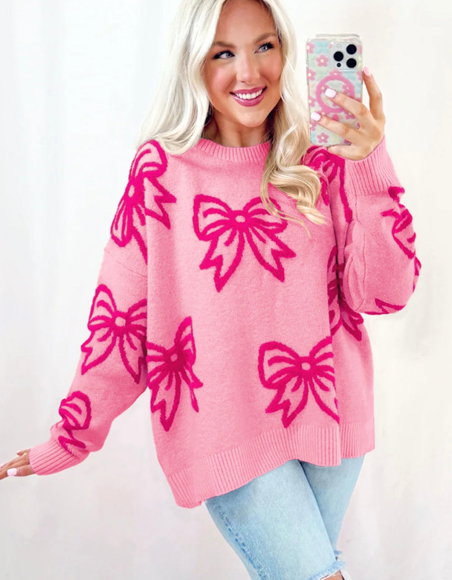 Pink Bow Pattern Drop Shoulder Loose Sweater