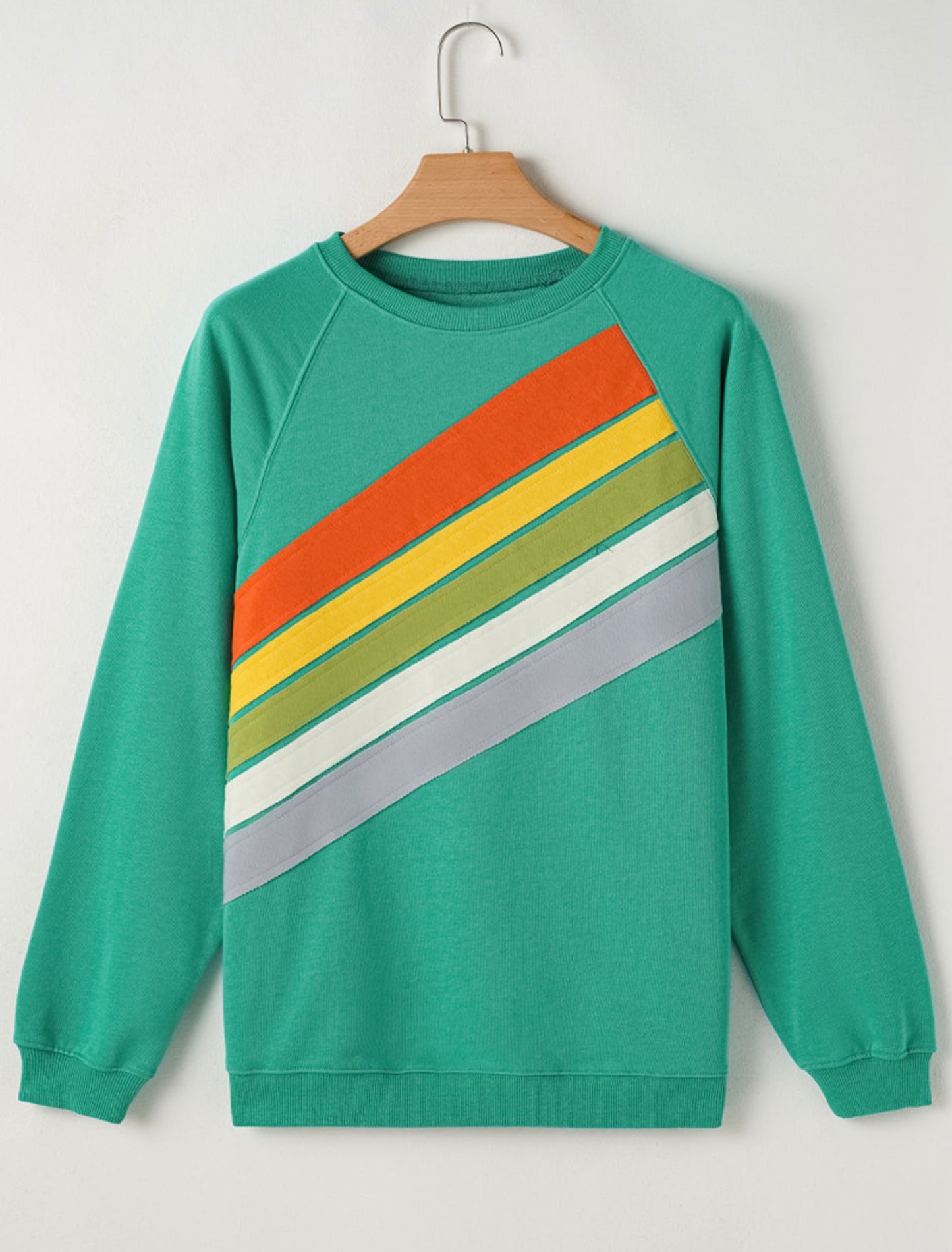 Mint Green Rainbow Colorblock Striped Pullover Sweatshirt