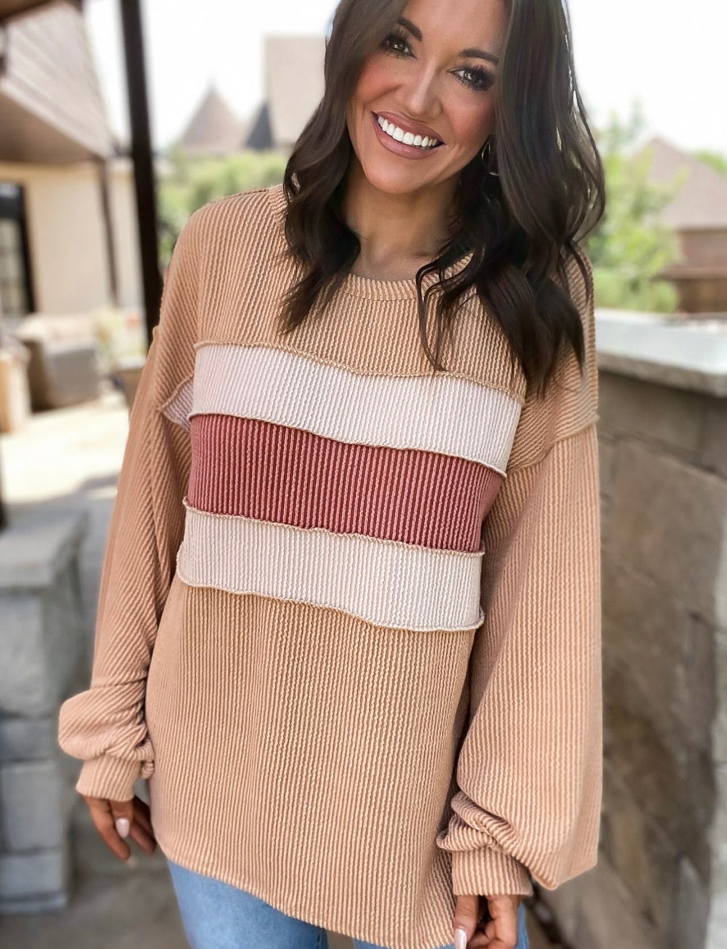Light French Beige Colorblock Rib Corded Sweatshirt