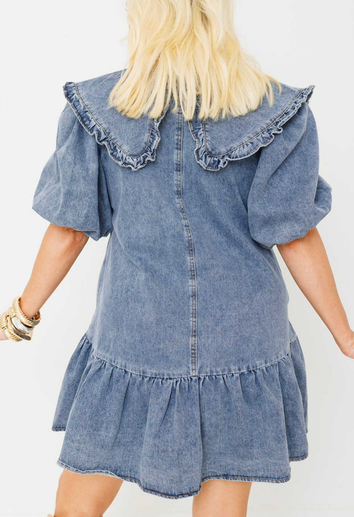 Dusk Blue Ruffled Collared Side Pockets Puff Sleeve Denim Mini Dress