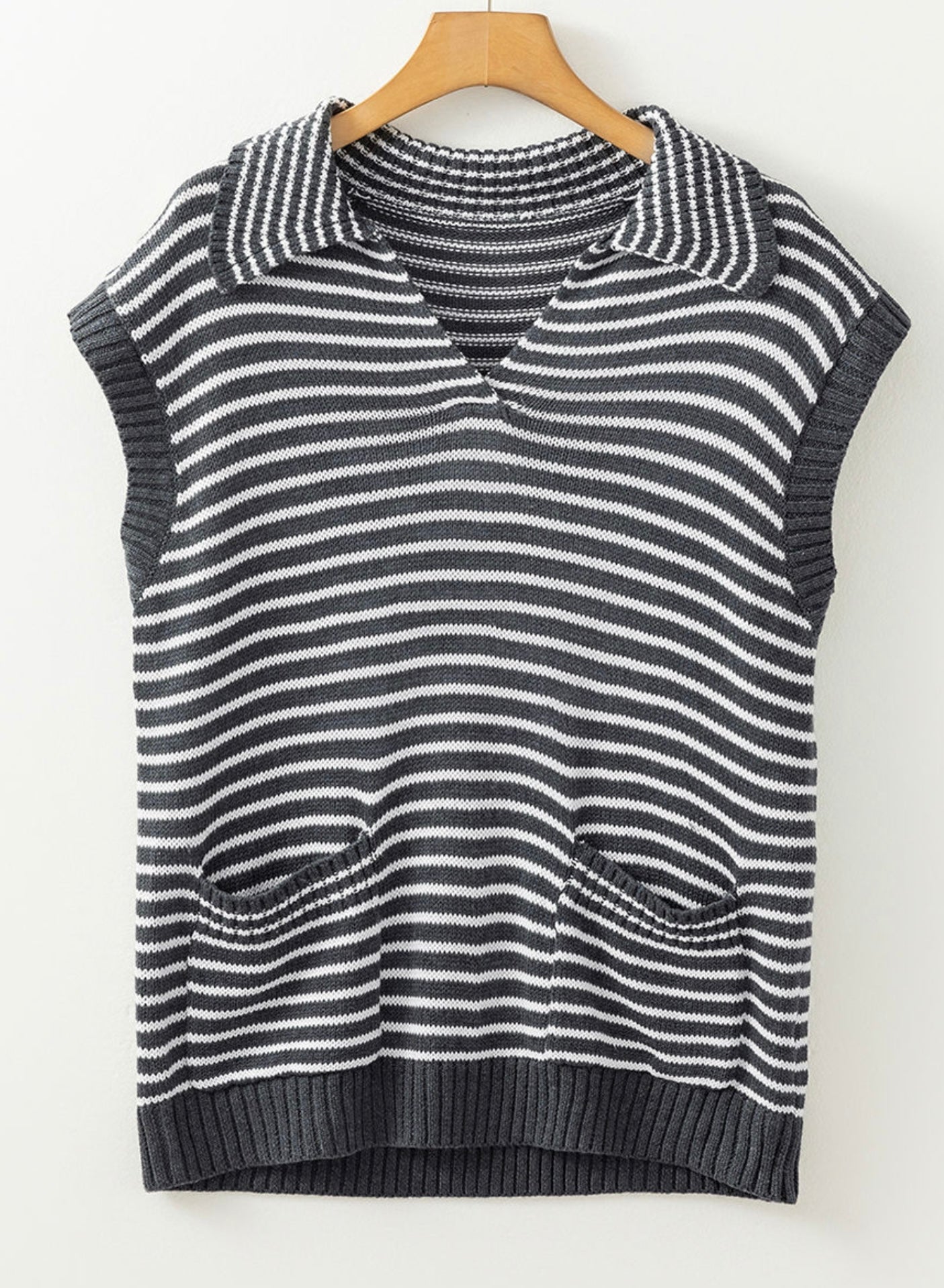 Gray Stripe Collared V Neck Sweater Vest with Pockets