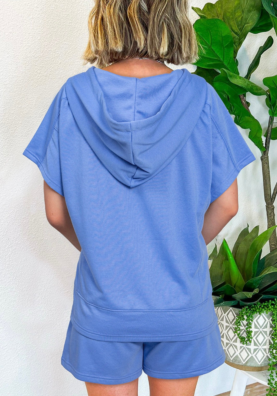 Sky Blue Casual Zipped Short Sleeve Hoodie and Shorts Set
