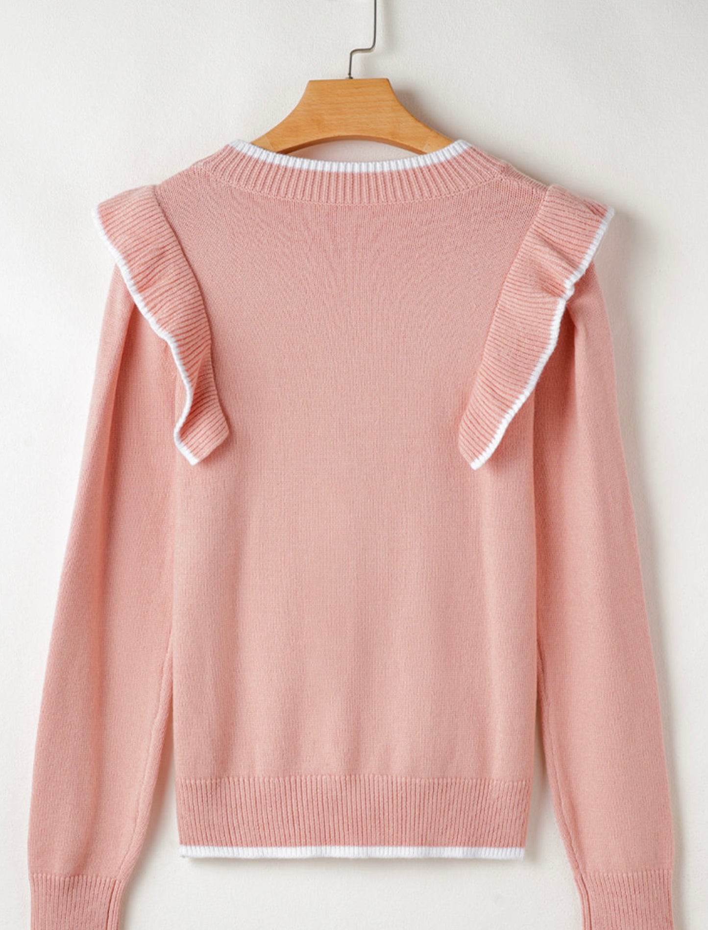 Light Pink Ruffled Bowknot Ribbed Trim Long Sleeve Sweater