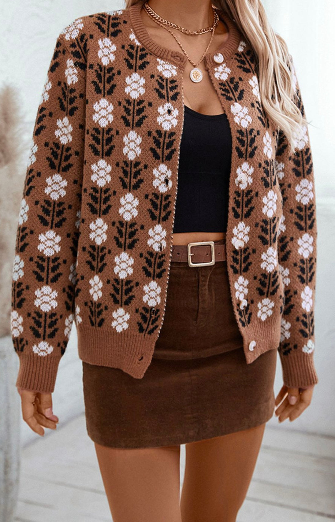 Coffee Floral Print Ribbed Trim Buttoned Cardigan