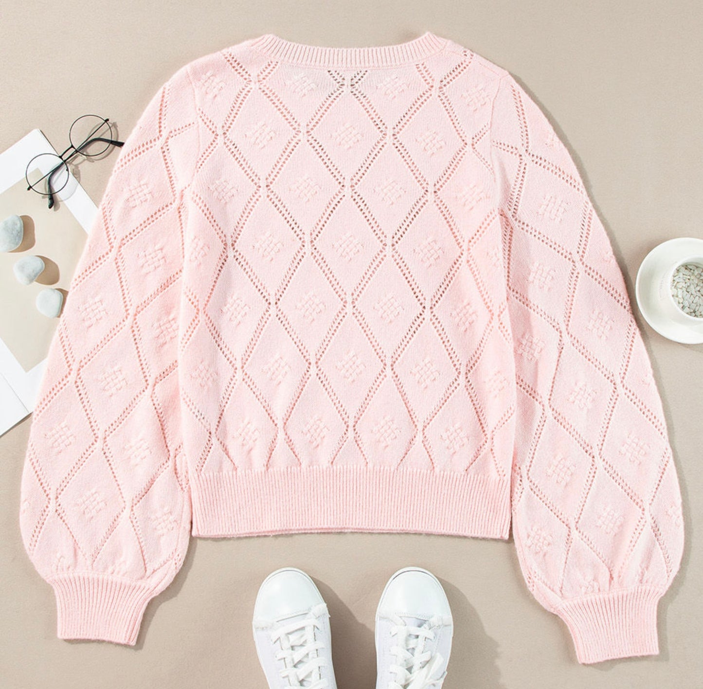 Gossamer Pink Openwork Plaid Puff Sleeve Cropped Sweater