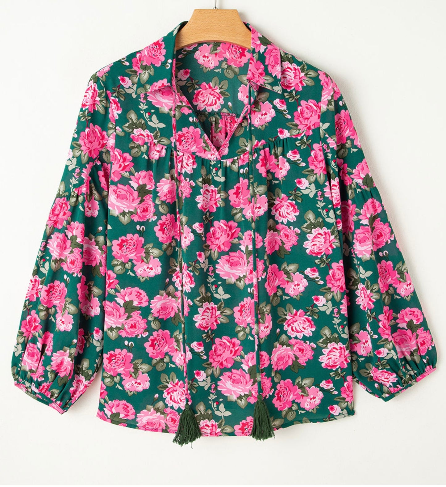 Green Floral Printed Tied Collar Puff Sleeve Blouse