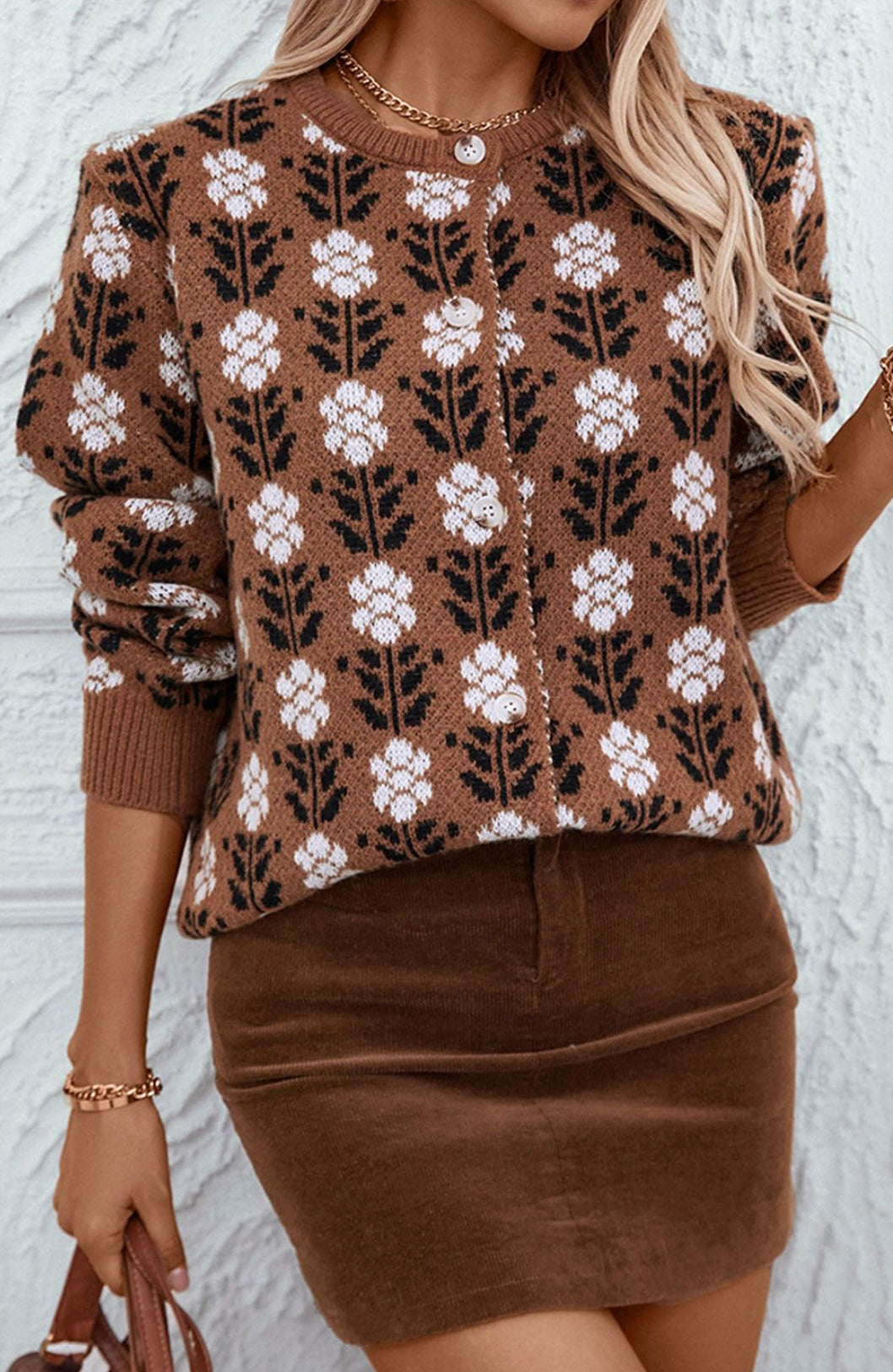 Coffee Floral Print Ribbed Trim Buttoned Cardigan