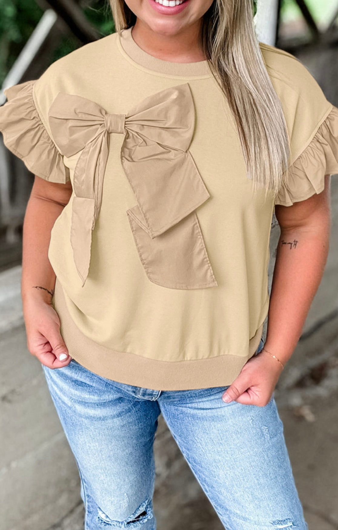 Parchment Ruffled Short Sleeve Bowknot Applique Crew Neck Plus Size Top