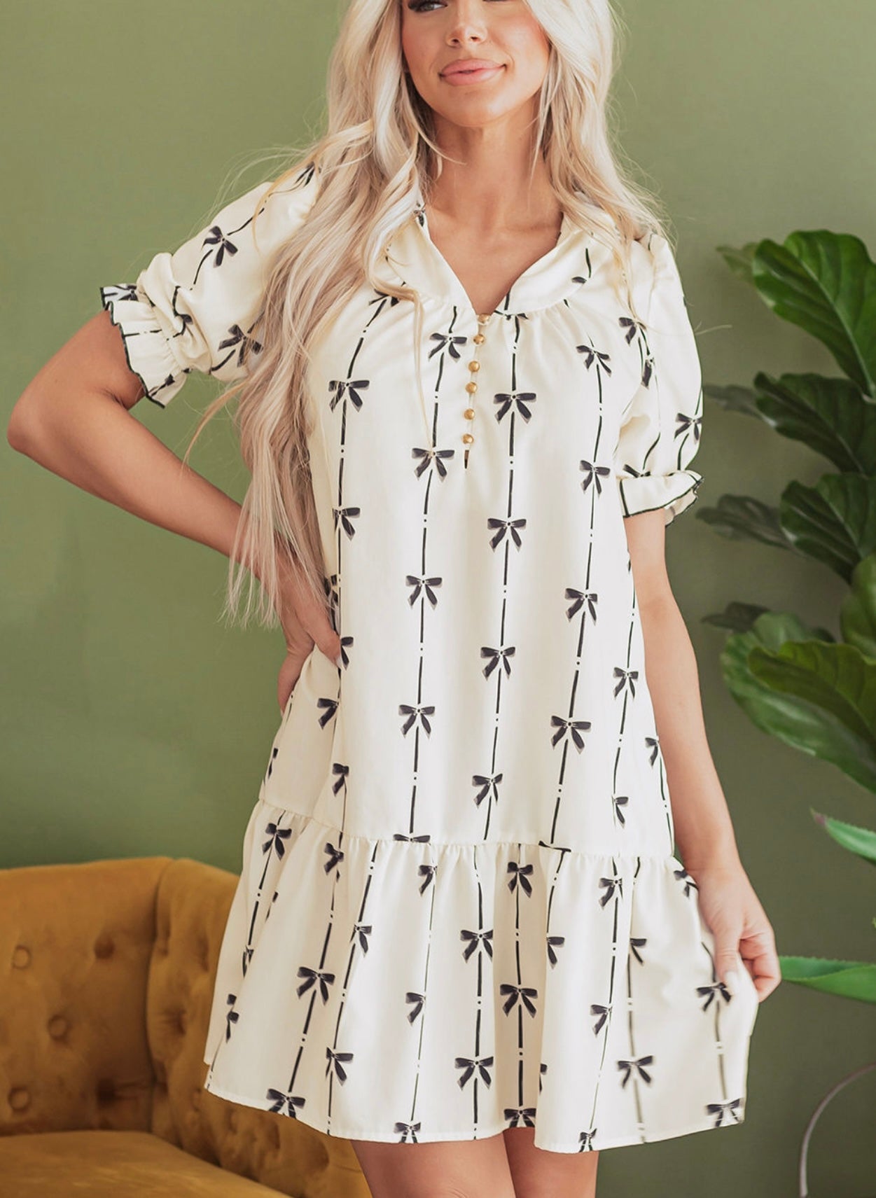 Beige Cute Bowknot Printed Bubble Sleeve V Neck Mini Dress