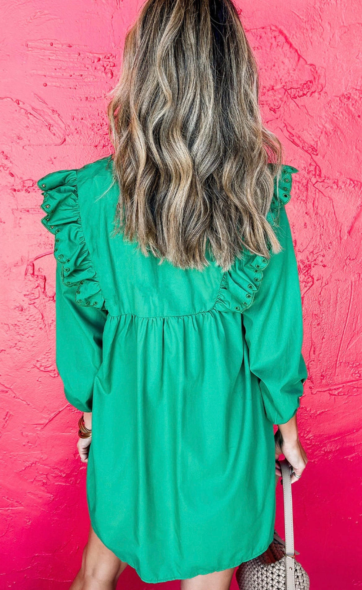 Bright Green Embroidered Ruffled Trim 3/4 Sleeve V Neck Mini Dress