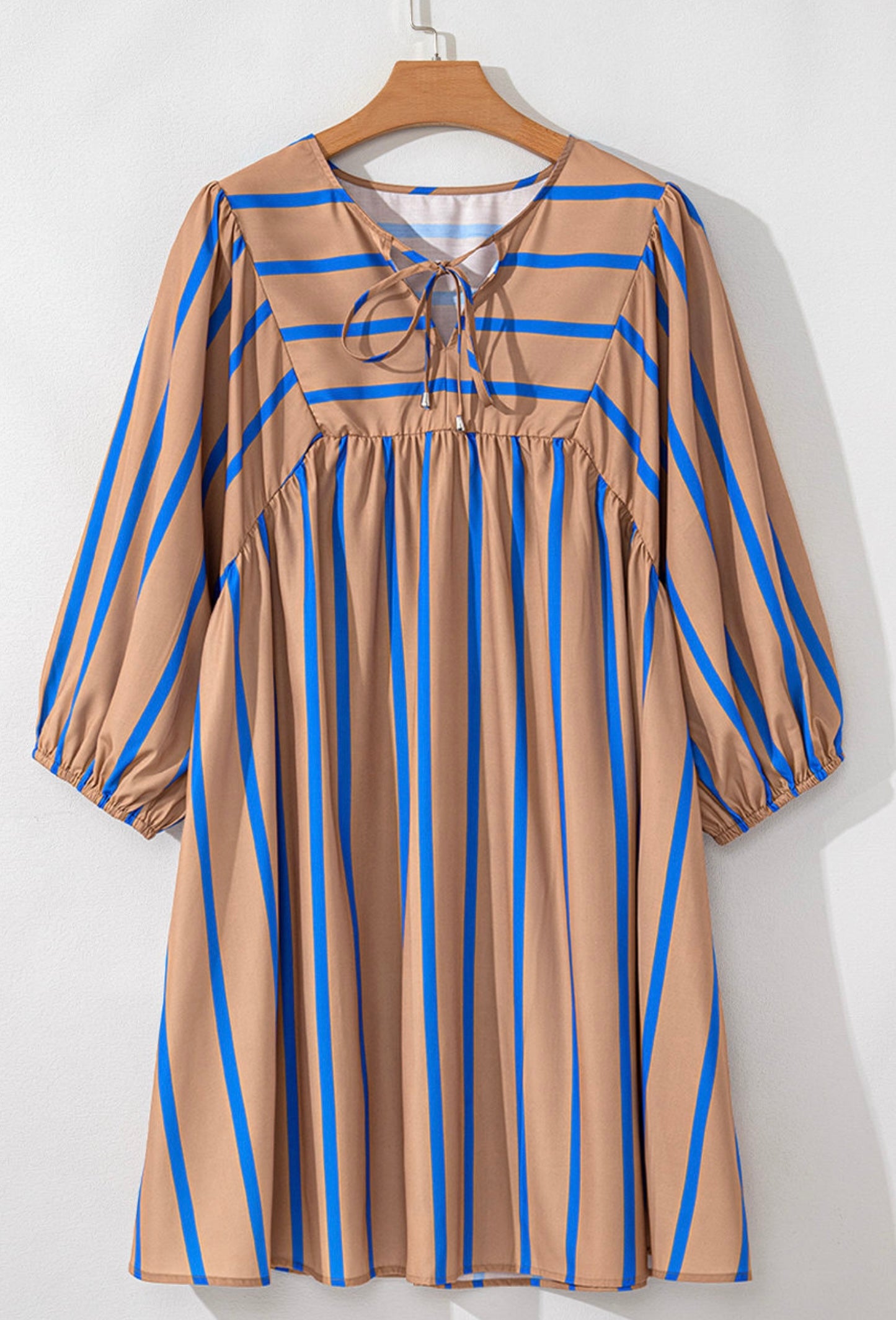 Khaki Stripe Contrast Striped Print 3/4 Sleeve Babydoll Plus Size Dress