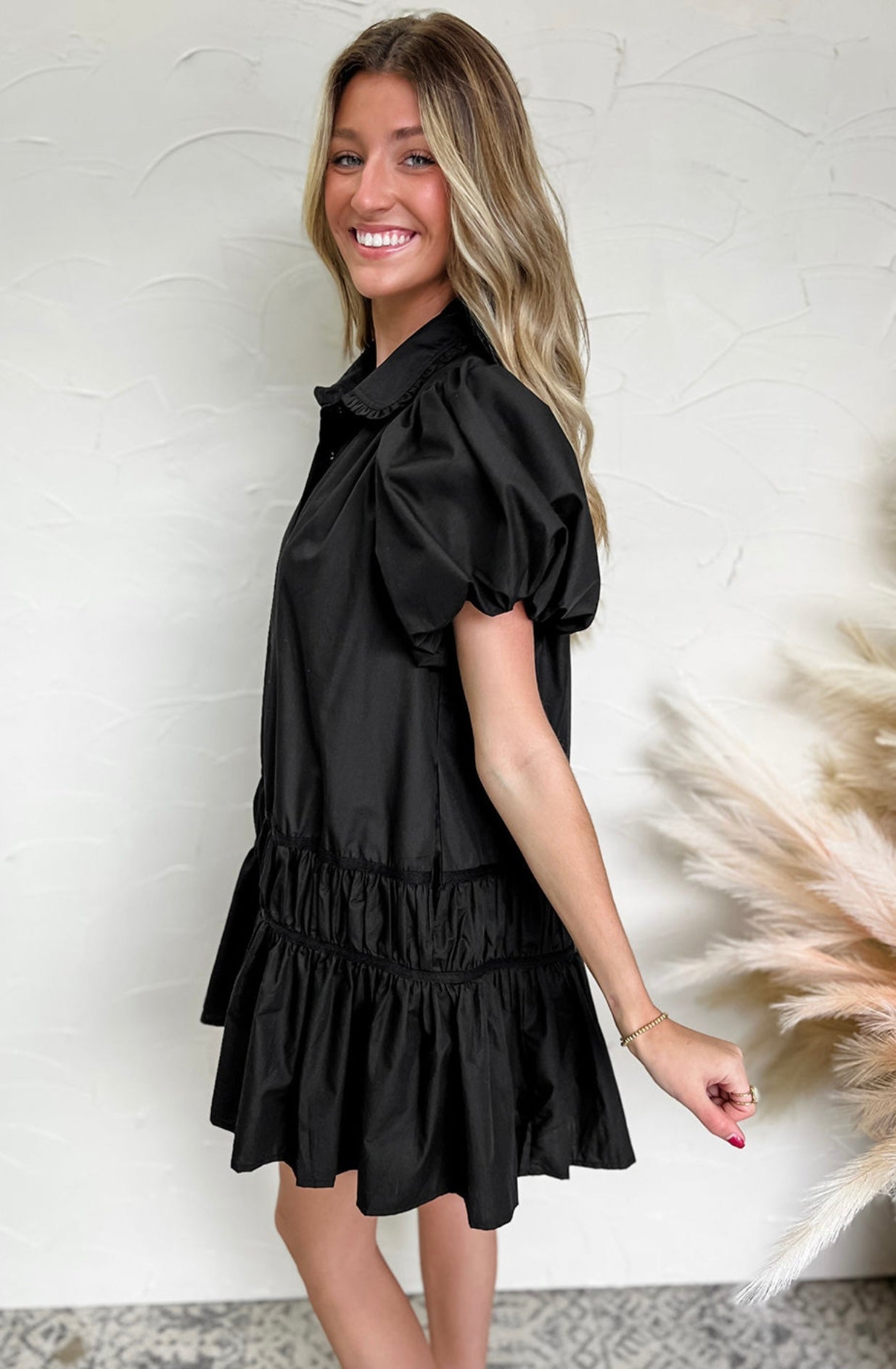 Black Shirt Style Button Down Puff Sleeve Ruffle Hem Dress