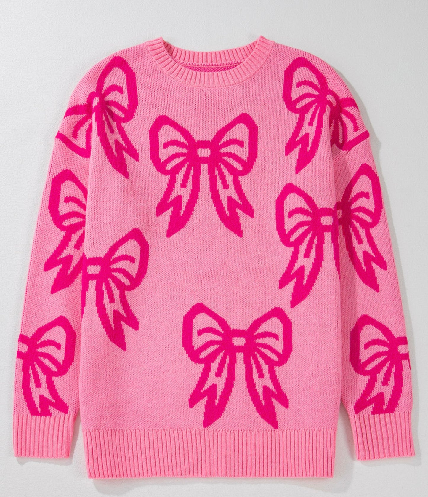 Pink Bow Pattern Drop Shoulder Loose Sweater