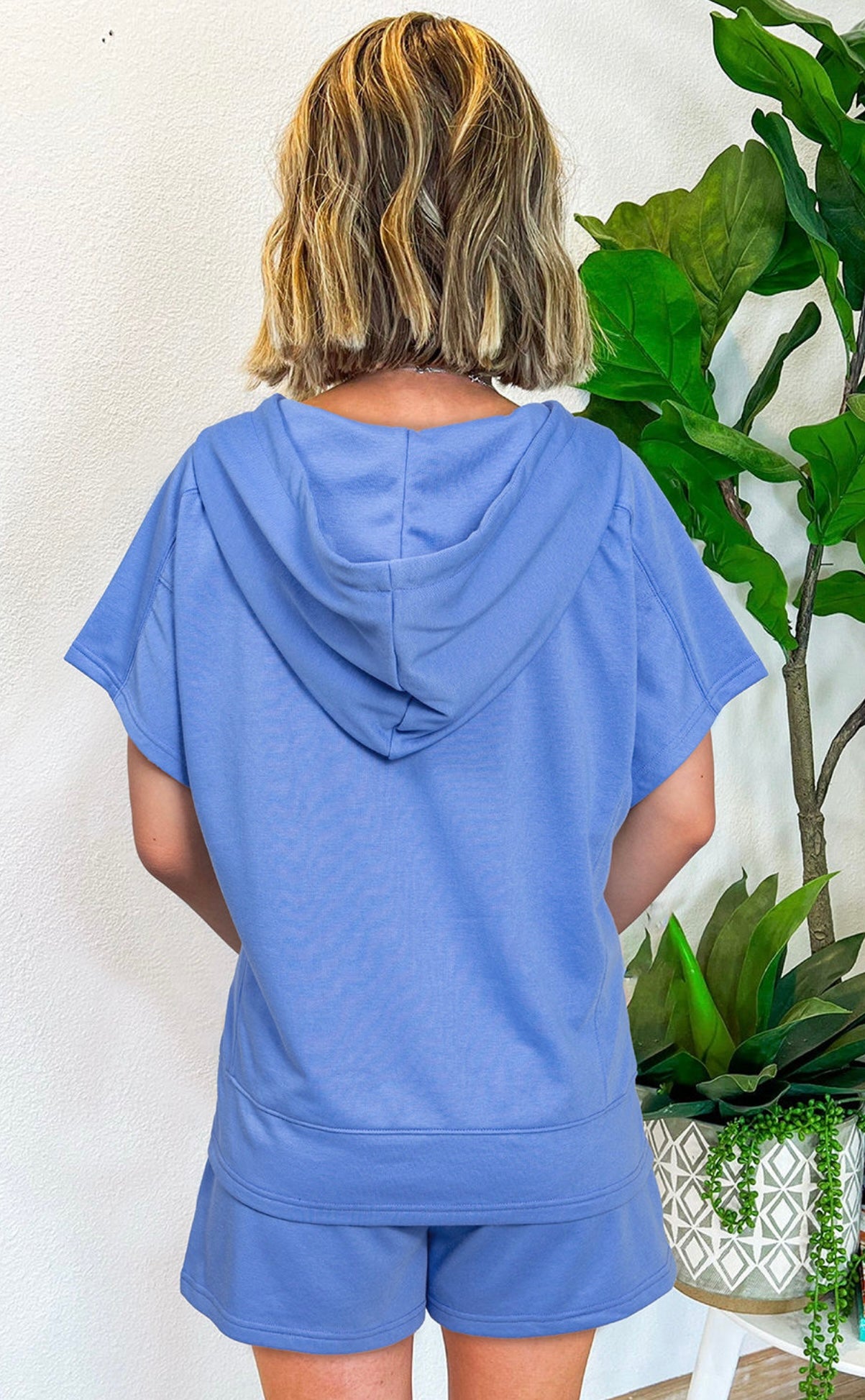 Sky Blue Casual Zipped Short Sleeve Hoodie and Shorts Set