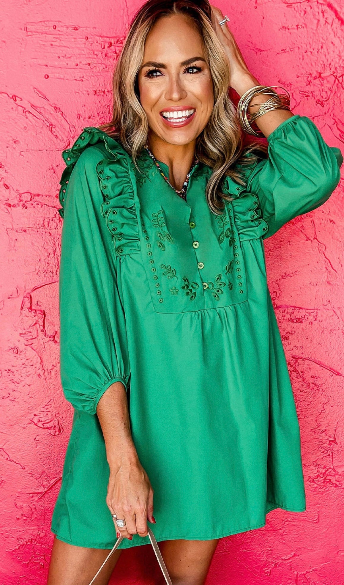 Bright Green Embroidered Ruffled Trim 3/4 Sleeve V Neck Mini Dress