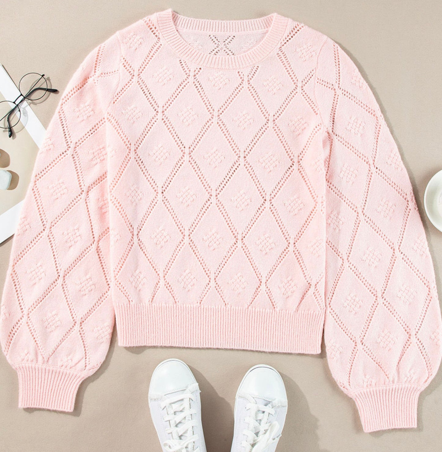 Gossamer Pink Openwork Plaid Puff Sleeve Cropped Sweater