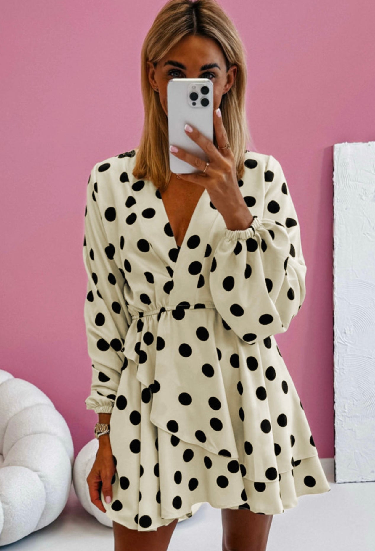 Beige Polka Dot Printed Surplice V Neck Puff Sleeve Mini Dress