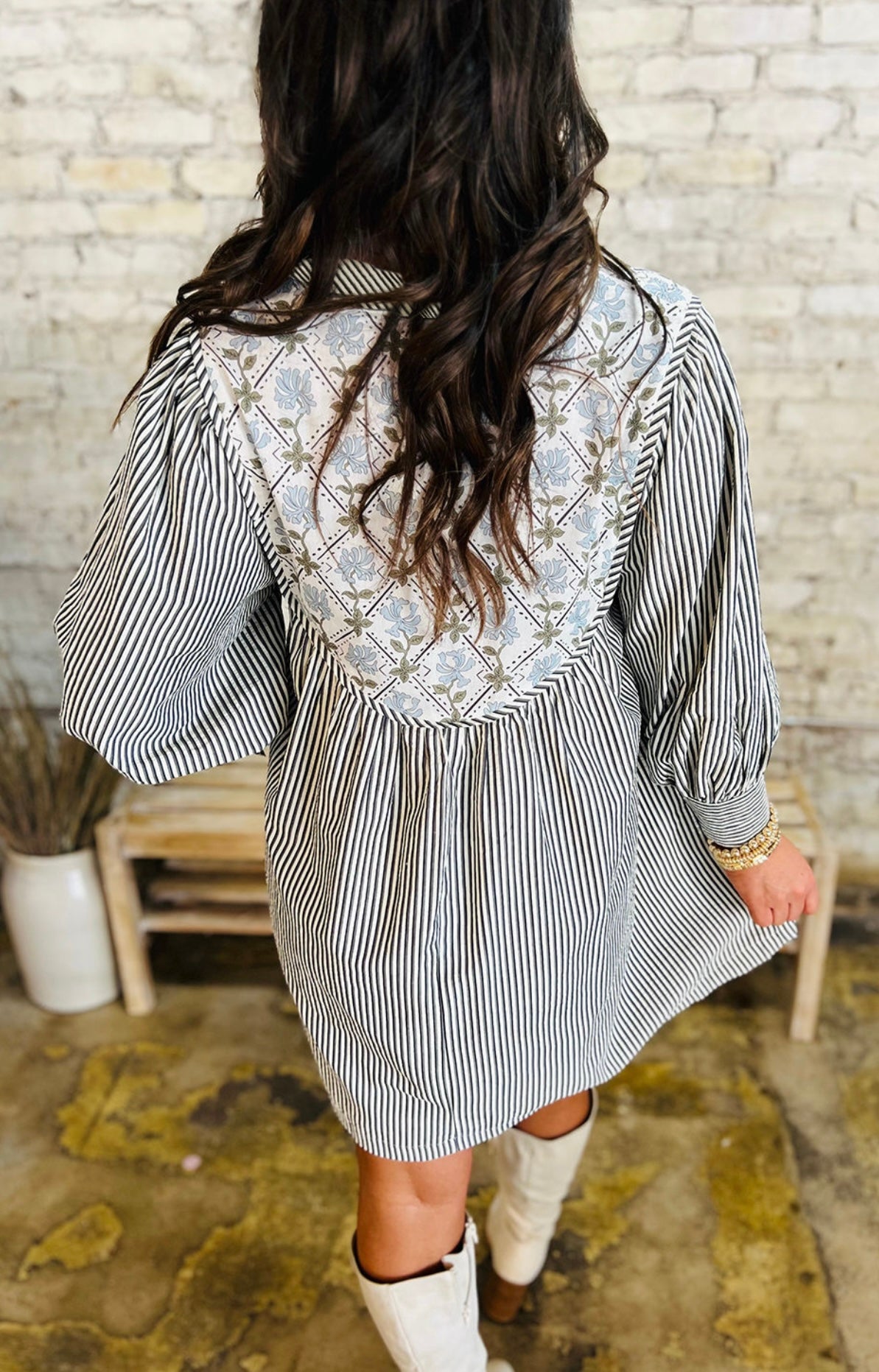 Black Stripe Floral Patchwork Tied V Neck Shift Long Sleeve Mini Dress