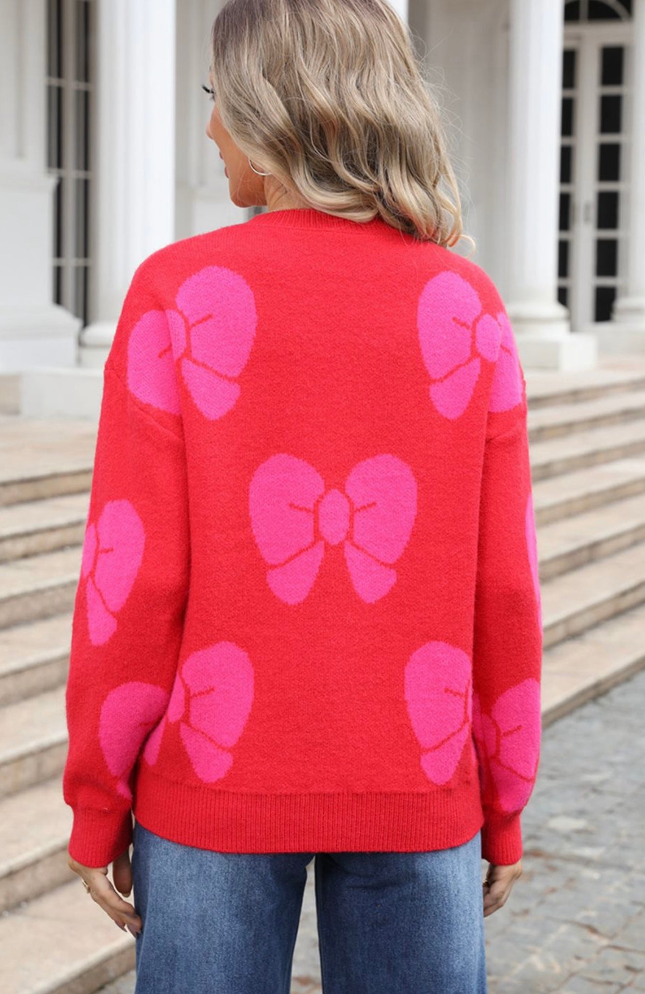 Fiery Red Valentine Bowknot Knitted Round Neck Fashion Sweater