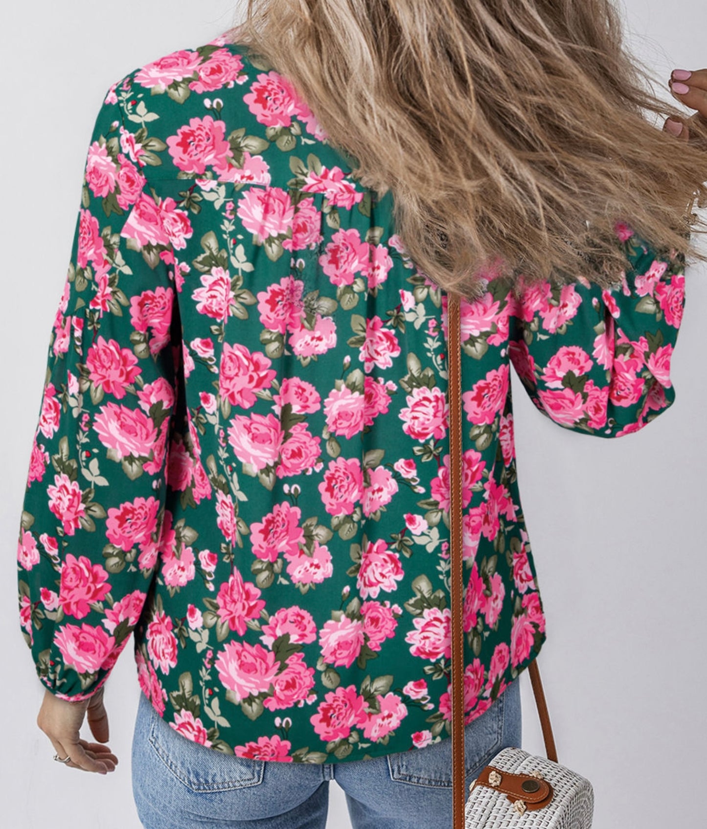 Green Floral Printed Tied Collar Puff Sleeve Blouse