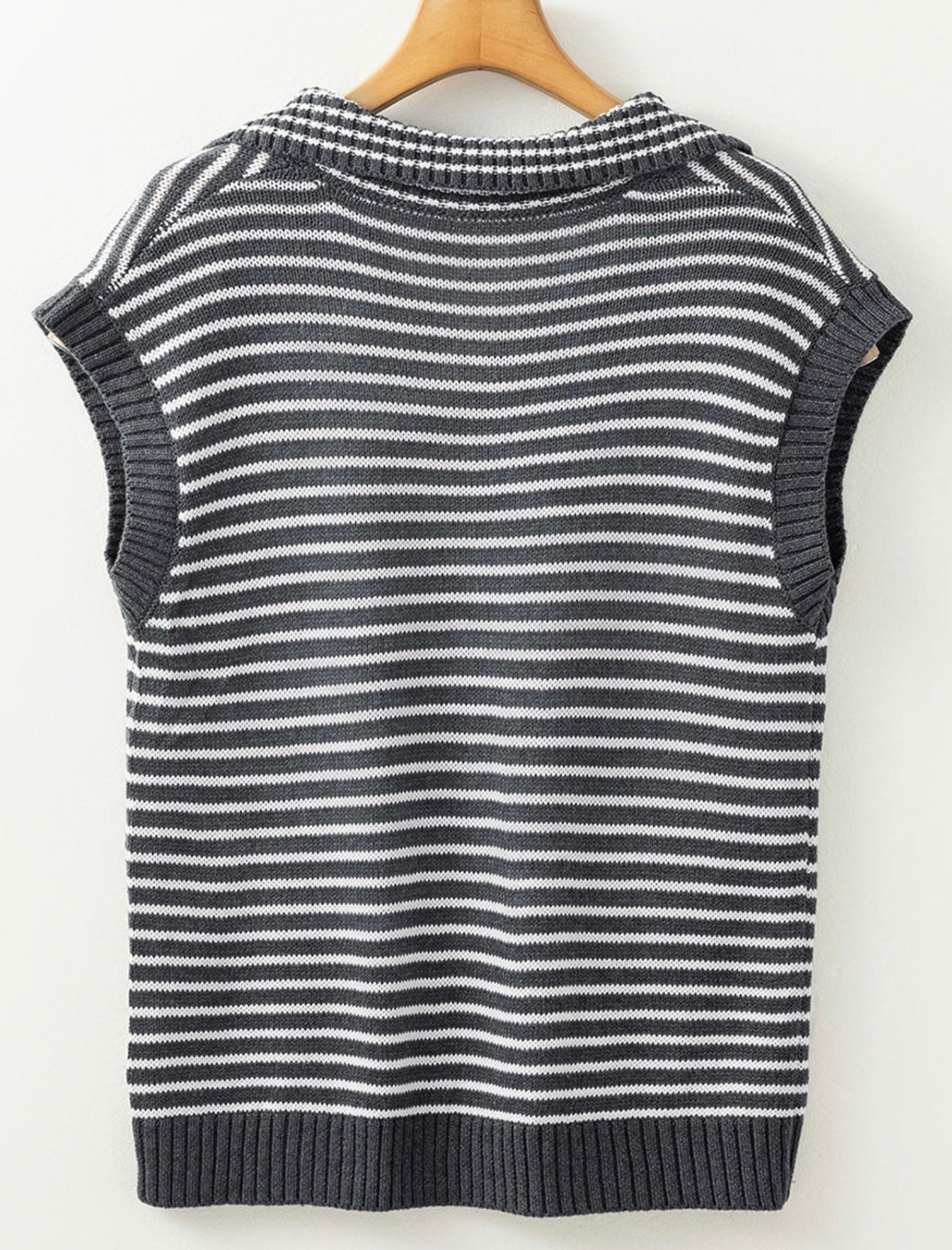 Gray Stripe Collared V Neck Sweater Vest with Pockets