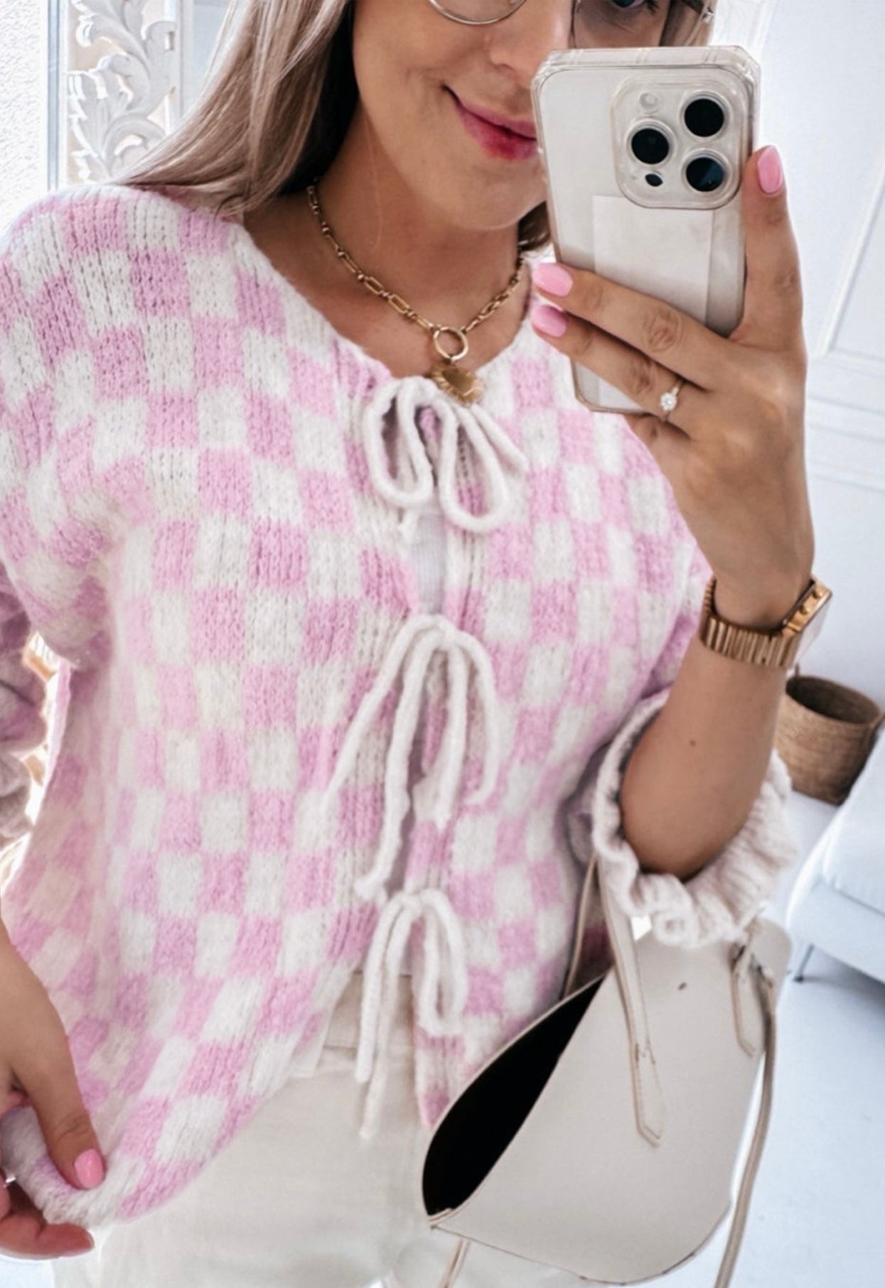 Light Pink Checkered Knitted Lace-up Ruffled 3/4 Sleeve Cardigan