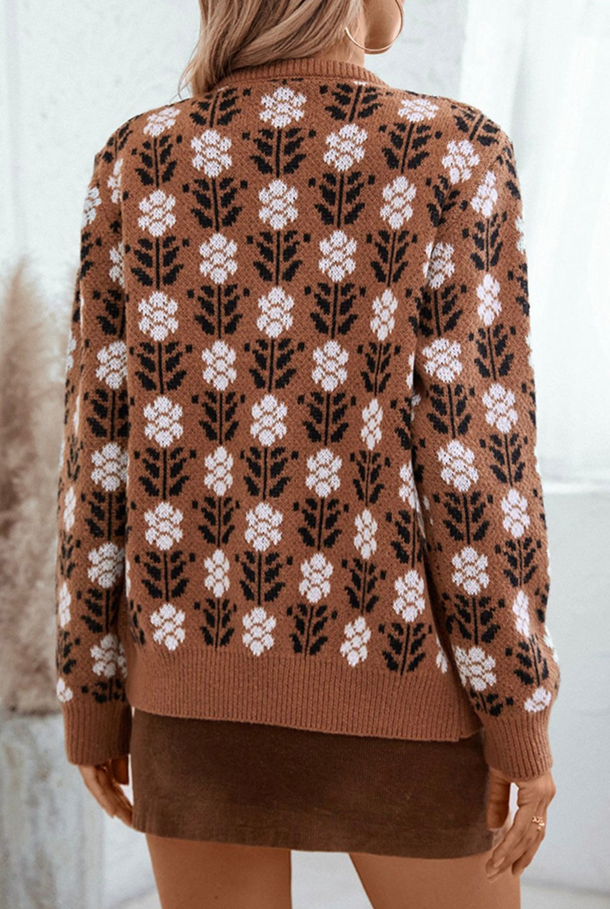 Coffee Floral Print Ribbed Trim Buttoned Cardigan