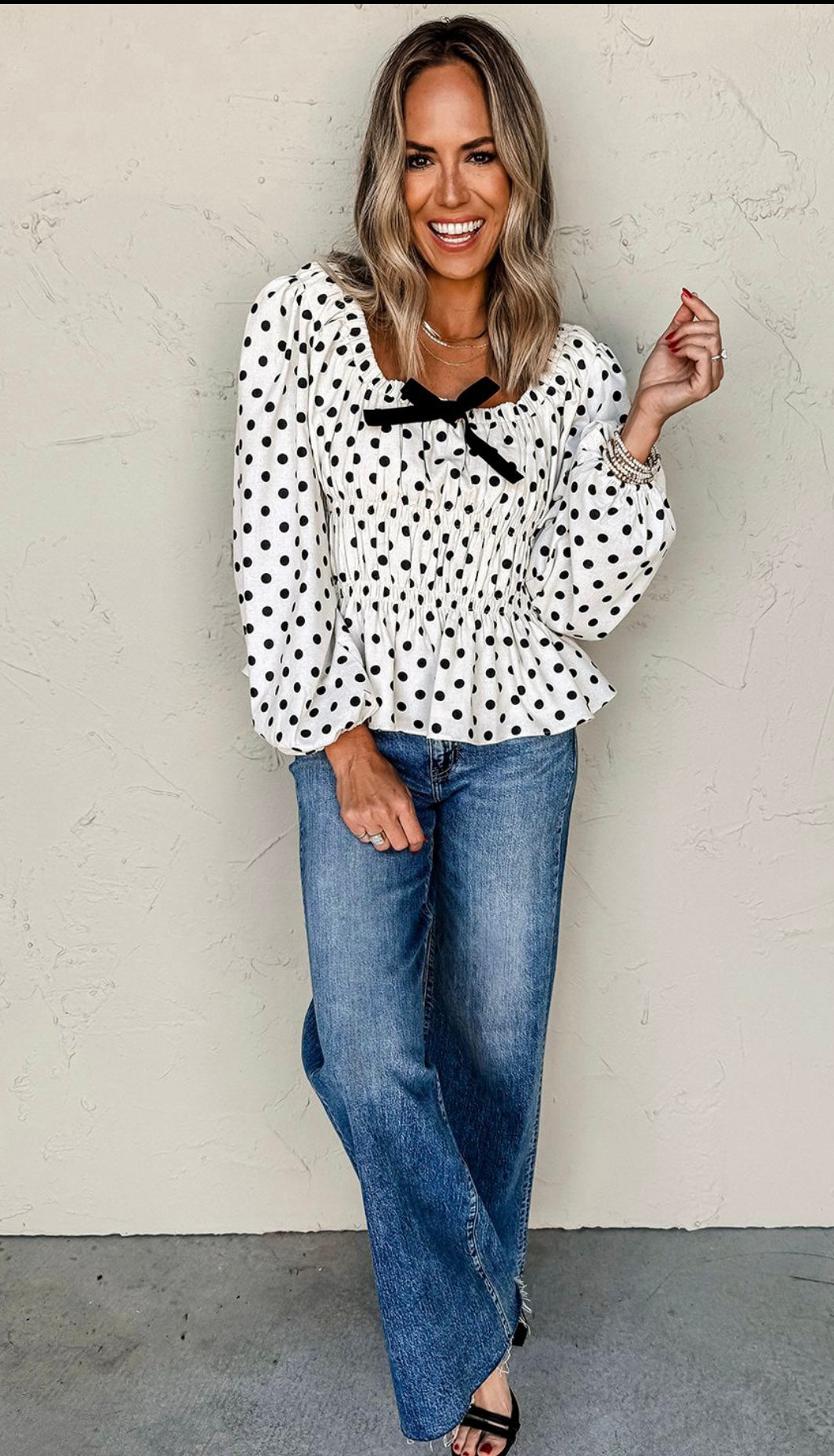 Black Polka Dot Puff Sleeve Bow Square Neck Peplum Top