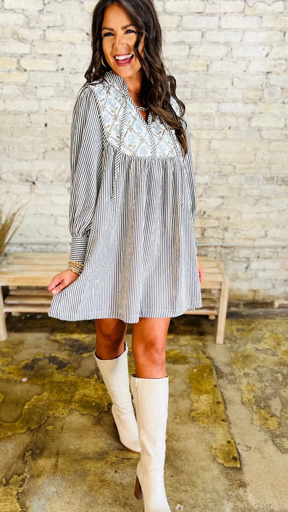 Black Stripe Floral Patchwork Tied V Neck Shift Long Sleeve Mini Dress