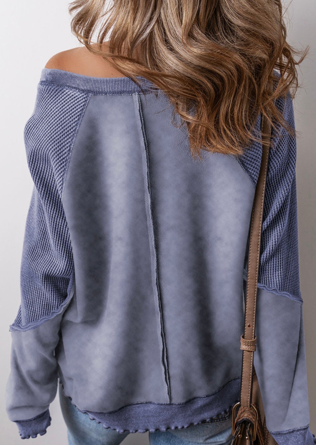 Sail Blue Solid Waffle Knit Patchwork Raglan Sleeve Sweatshirt