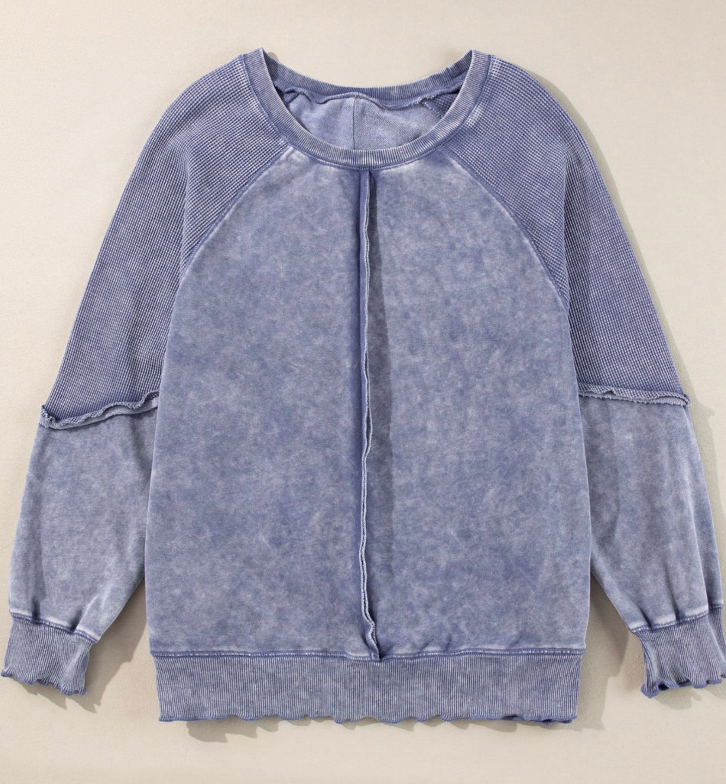 Sail Blue Solid Waffle Knit Patchwork Raglan Sleeve Sweatshirt