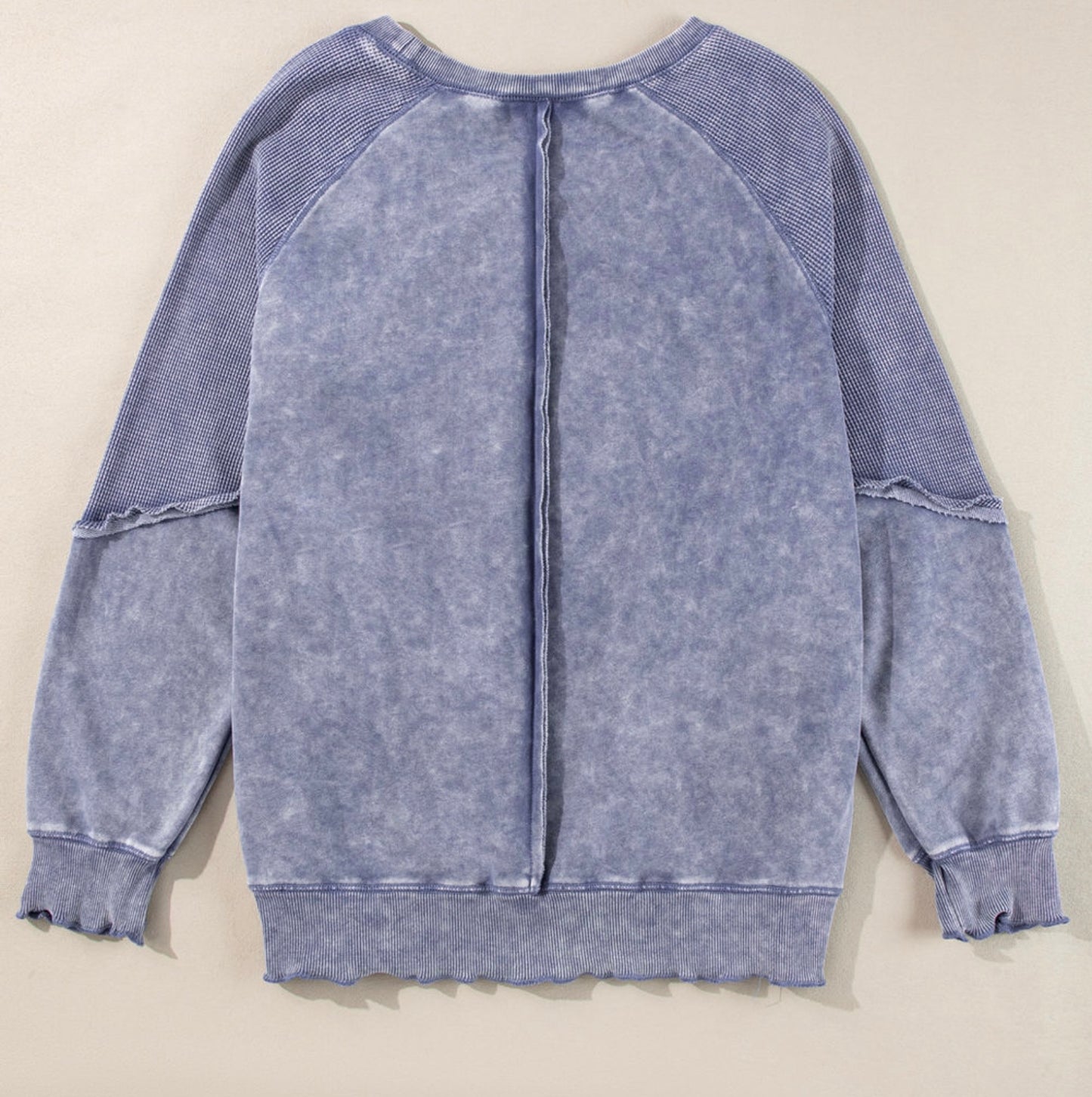 Sail Blue Solid Waffle Knit Patchwork Raglan Sleeve Sweatshirt