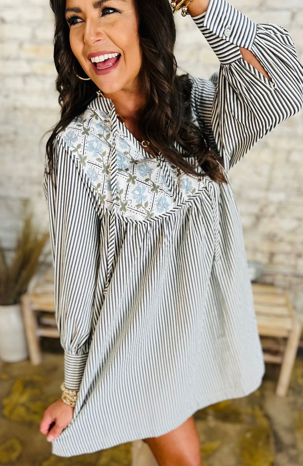 Black Stripe Floral Patchwork Tied V Neck Shift Long Sleeve Mini Dress