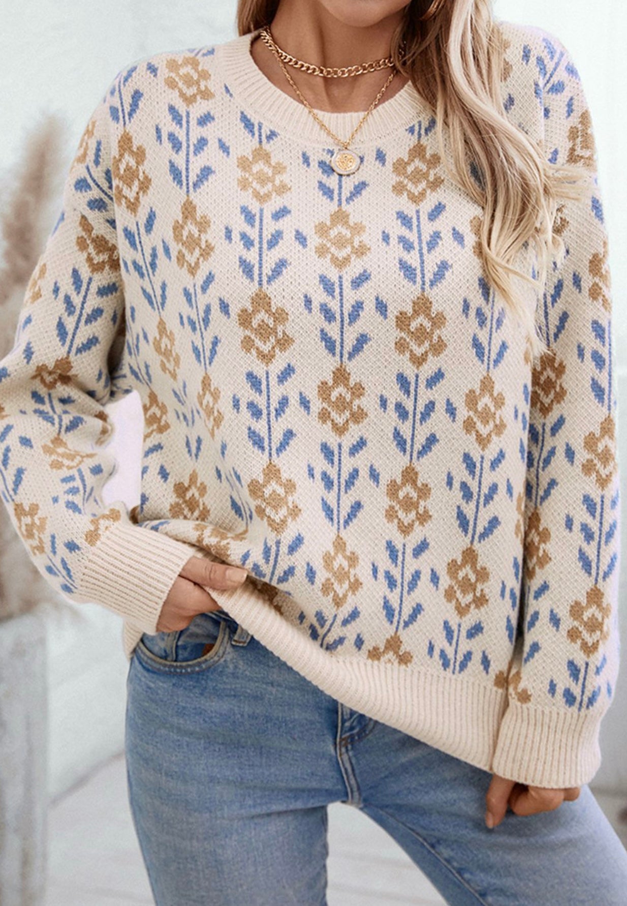 Apricot Floral Pattern Crew Neck Sweater