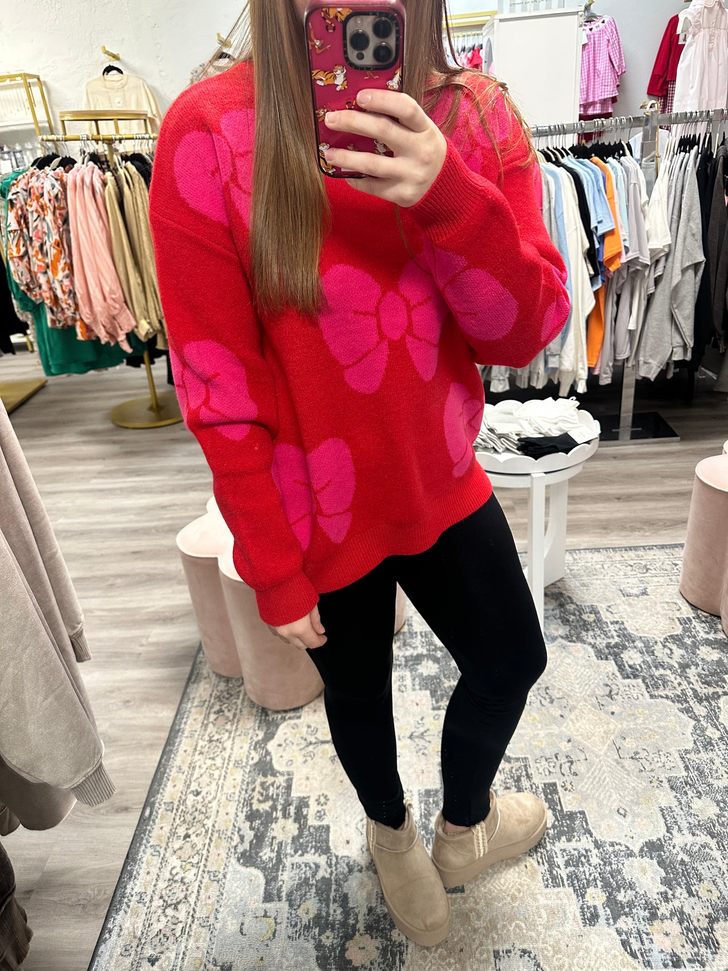 Fiery Red Valentine Bowknot Knitted Round Neck Fashion Sweater