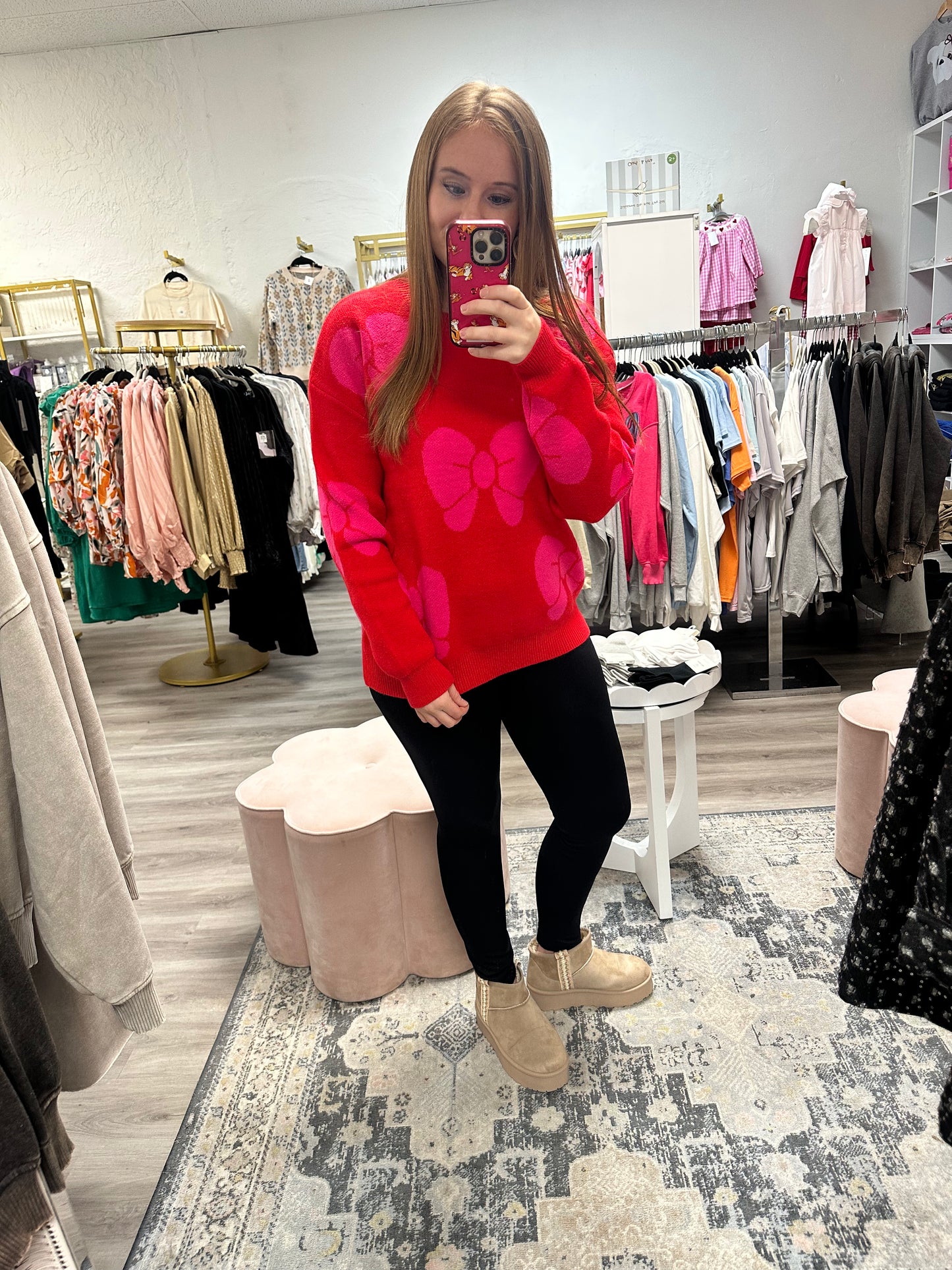 Fiery Red Valentine Bowknot Knitted Round Neck Fashion Sweater