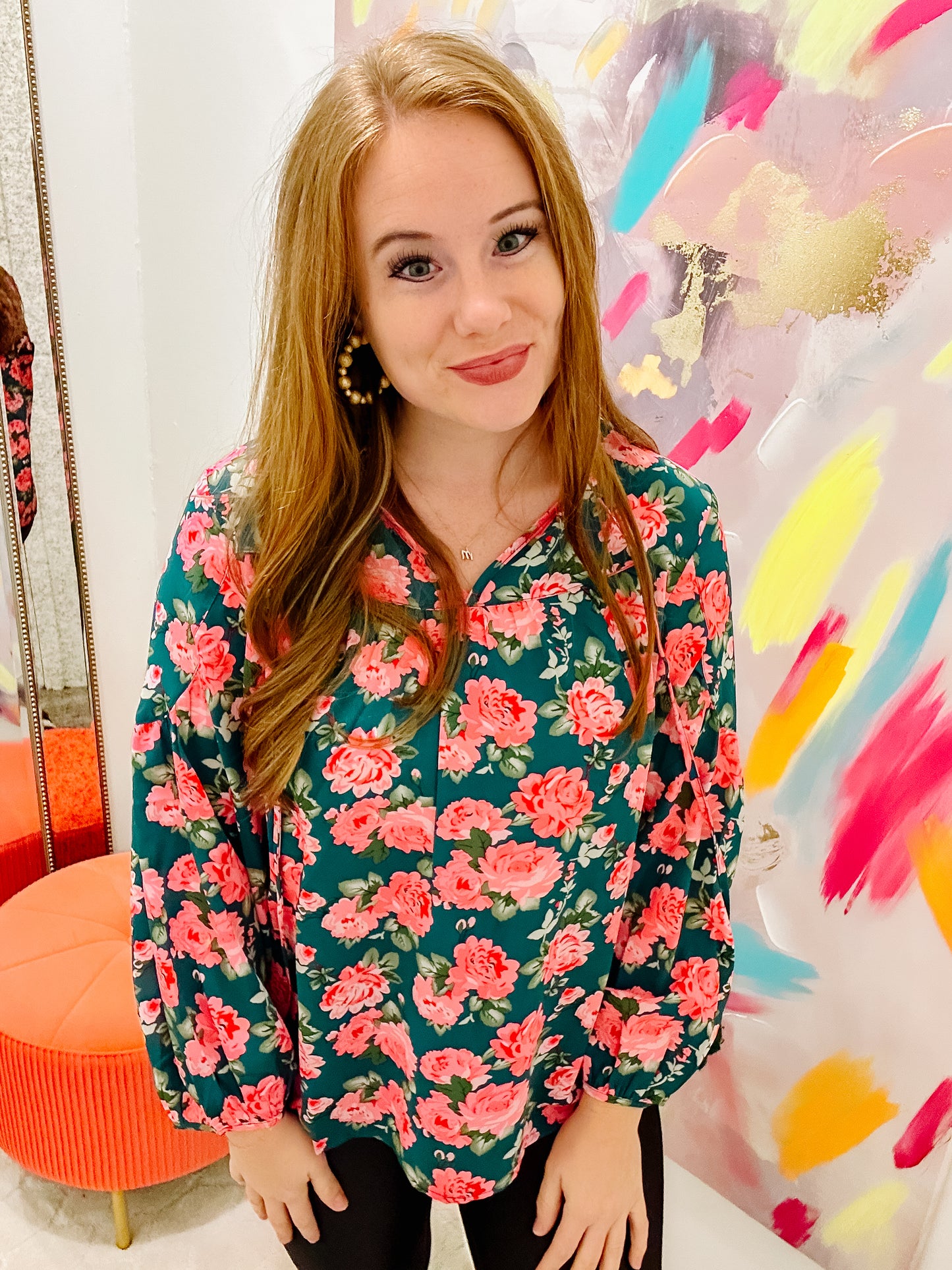 Green Floral Printed Tied Collar Puff Sleeve Blouse