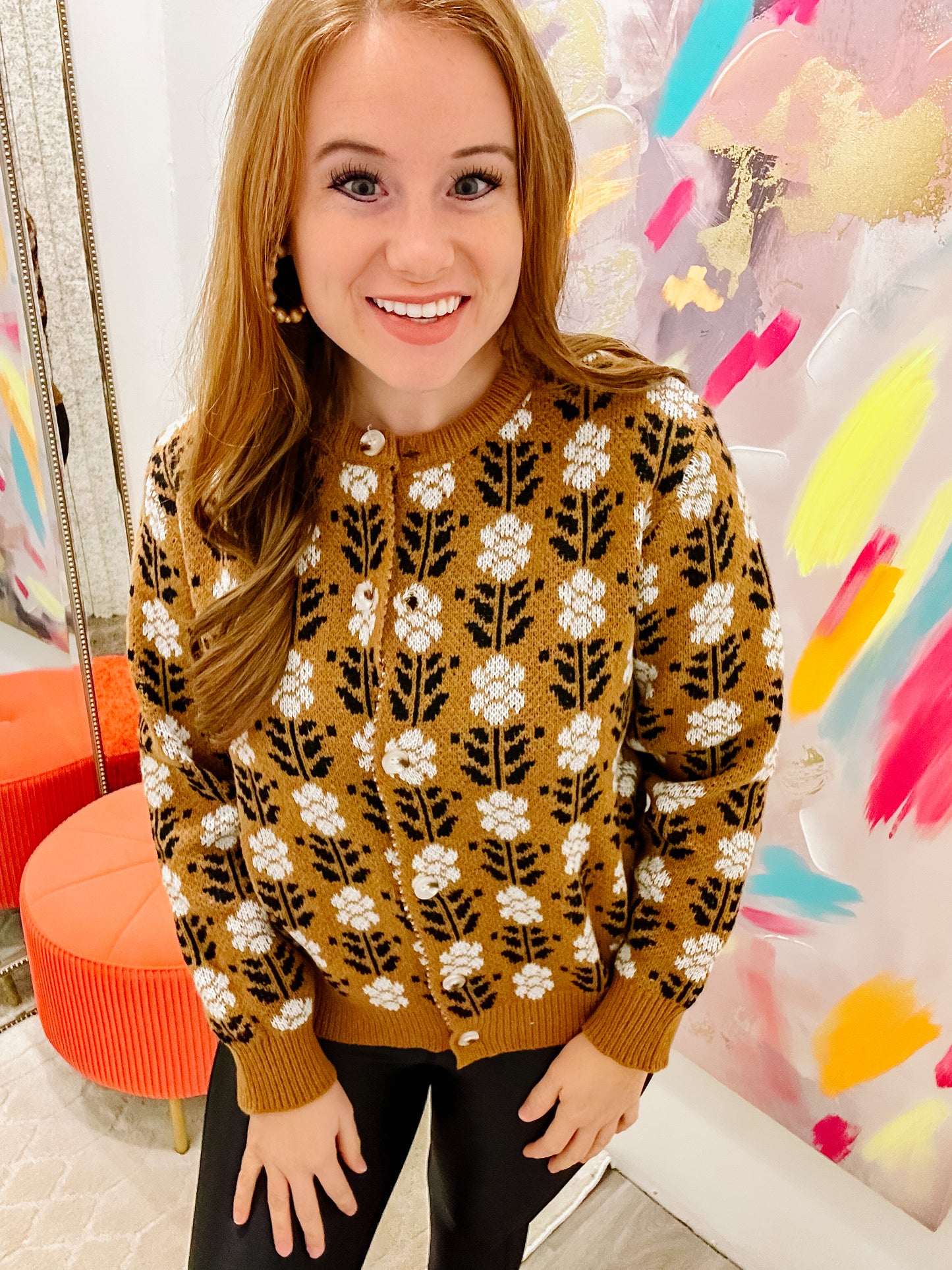 Coffee Floral Print Ribbed Trim Buttoned Cardigan