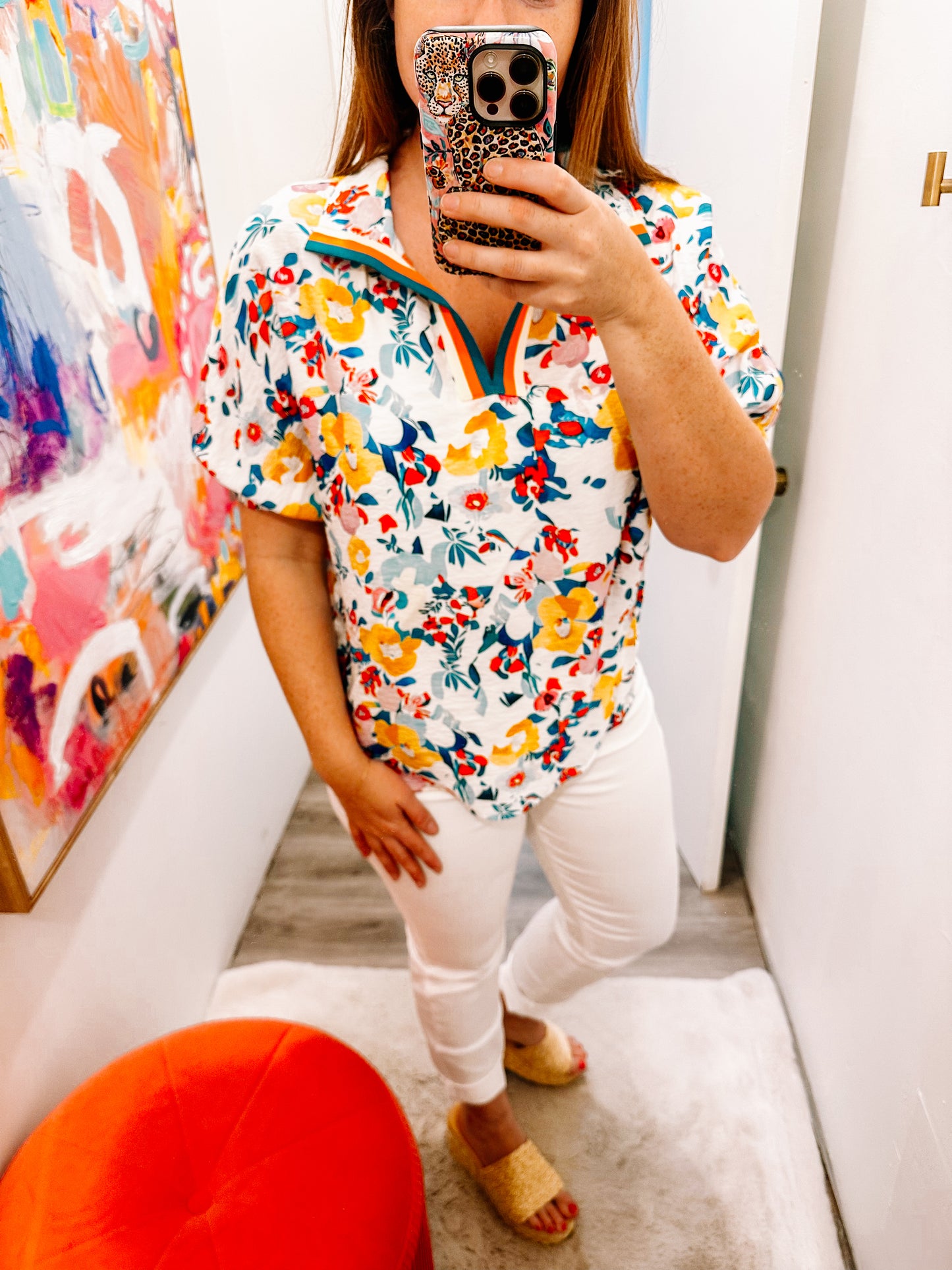 Peacock Blue Floral Print Slit V Neck Short Sleeve Blouse