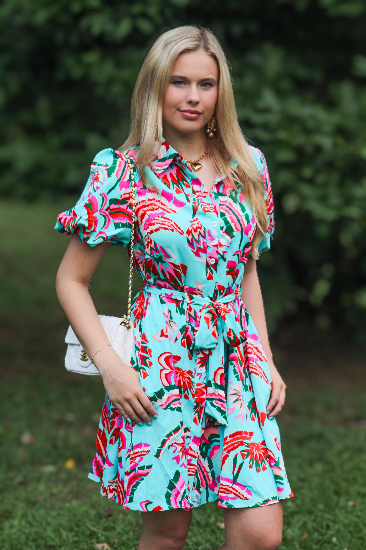 Green Abstract Print Lace-up High Waist Buttoned Mini Dress