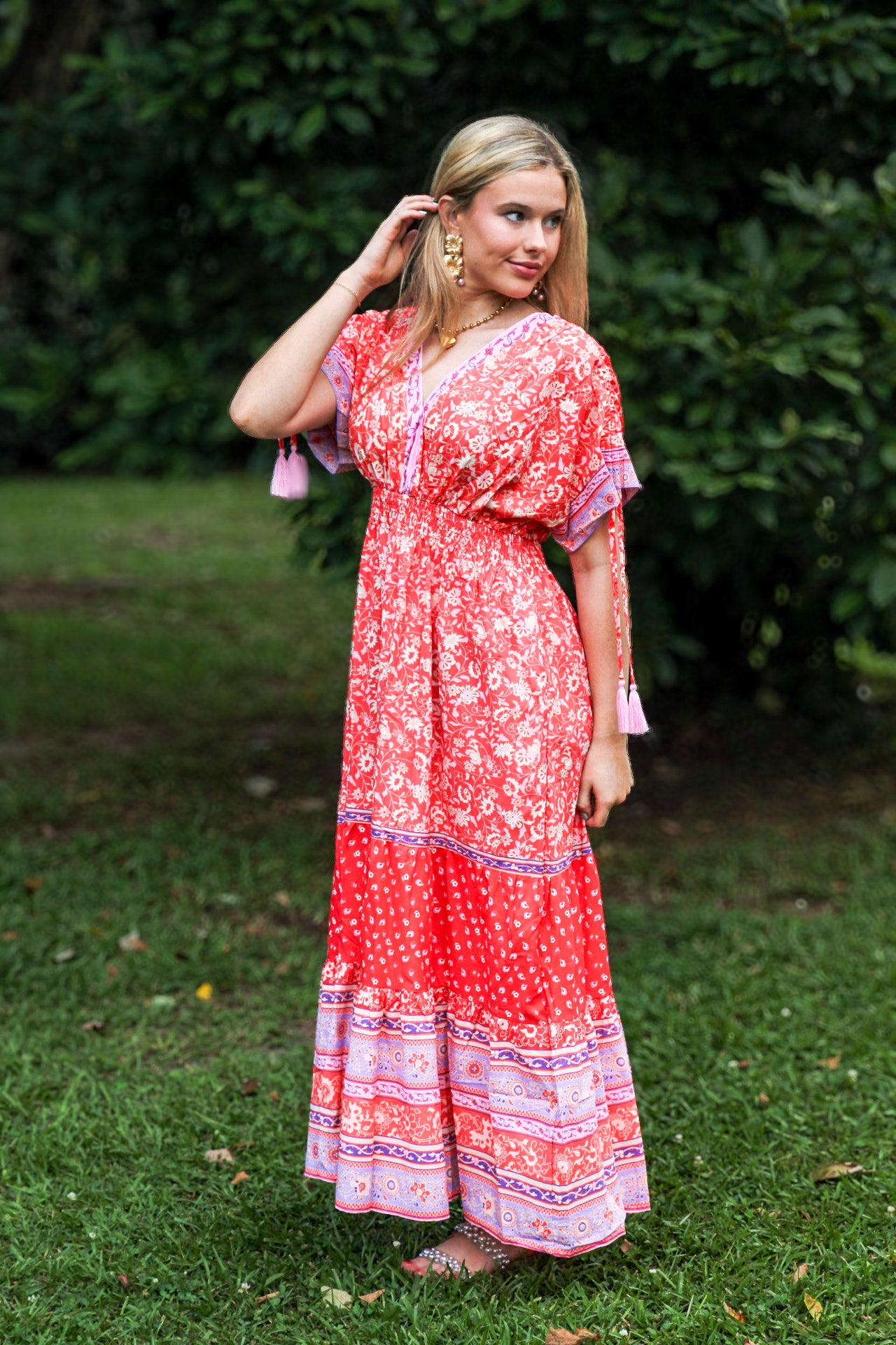 Red Floral Print Tasseled Tied Sleeve Empire Waist Maxi Dress