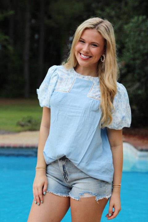 Beau Blue Lace Insert Floral Puff Sleeve Patchwork Loose Blouse