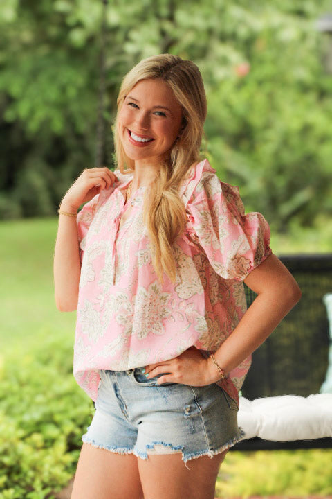 Pink Floral Print Drawstring V Neck Puff Sleeve Loose Blouse