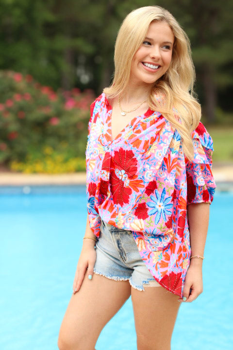 Pink Floral Print Bubble Sleeve Button Up Pleated Shirt