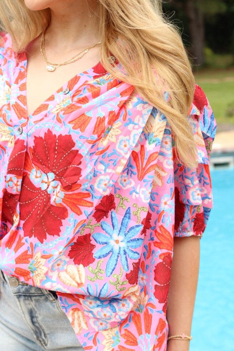 Pink Floral Print Bubble Sleeve Button Up Pleated Shirt