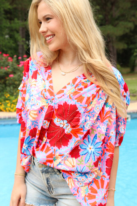 Pink Floral Print Bubble Sleeve Button Up Pleated Shirt