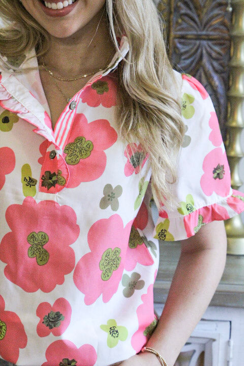 Pink Floral Ruffle Short Sleeve Striped Buttoned Collar Blouse