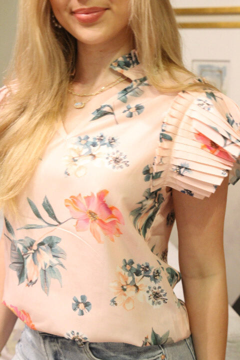 Pink Floral Print Frilled V Neck Pleated Sleeve Blouse