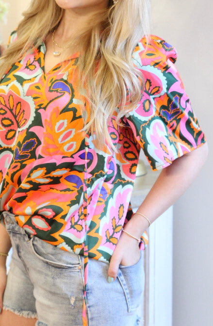 Rose Summer Plant Print Lace up V Neck Short Sleeve Blouse